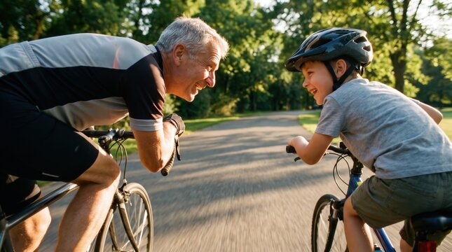 Joyful grandfather and grandson riding bicycles in a sunny park, sharing intergenerational bonding and an active lifestyle for family health and retirement living marketing.