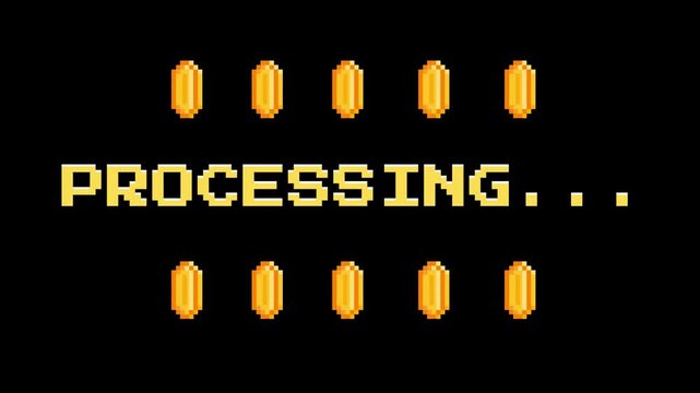 Retro pixelated video game screen displaying the word PROCESSING with gold coins above and below the text