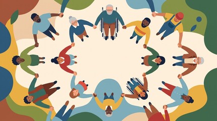 Fototapeta premium Diverse group of people holding hands in a circle representing unity and community.