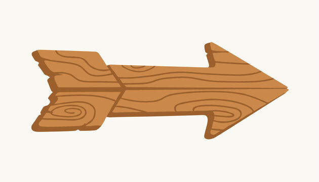 Rustic wooden arrow sign with detailed wood grain texture pointing to the right for directional signage and navigation.