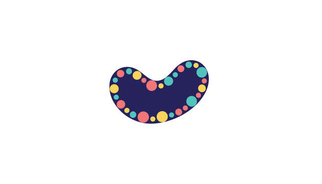 Dark blue kidney bean shape decorated with various colorful small dots on a clean white background representing abstract art.