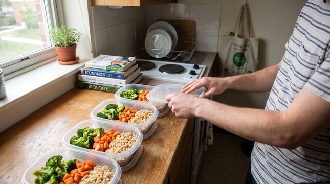 Young male student packing plastic meal prep containers with healthy broccoli, carrots and rice in kitchen near textbooks, promoting budget-friendly healthy lifestyle for wellness blogs.