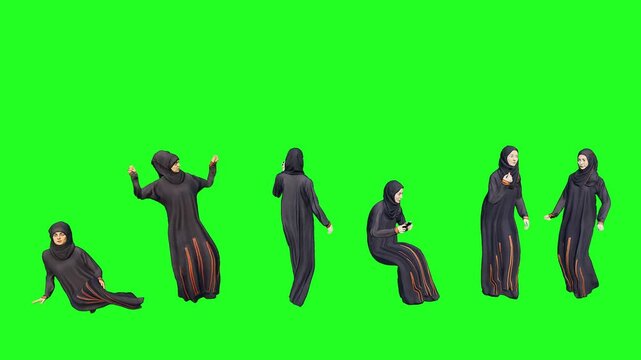 3d people man woman character render on green screen chromakey in black abayas posing for isolated stock footage video photo ready for compositing in film production and commercial projects