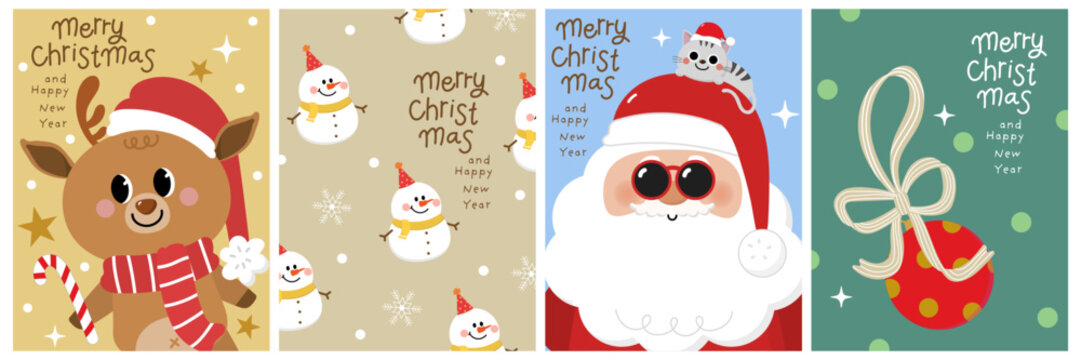 Merry Christmas and happy new year 2027 greeting card with cute Santa Claus, deer and snowman. Holiday cartoon character in winter season. -Vector