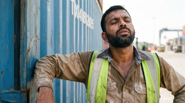 Exhausted port worker sweating and leaning against a blue shipping container, capturing intense heat stress and physical fatigue for occupational health and safety or labor rights marketing.