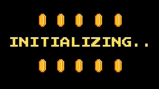 Retro 8-bit Video Game Style Initialization Screen with Glowing Gold Coins and Text