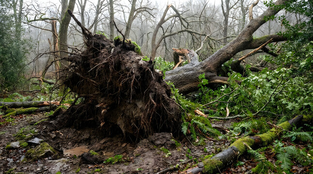 Massive uprooted tree with exposed roots lying in damp misty forest after severe storm damage