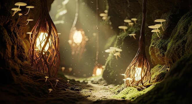 Magical glowing mushrooms and hanging lantern pods in forest.