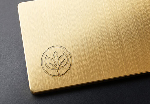 Gold Brushed Metal Plaque with Engraved Logo Mockup