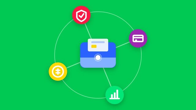 This premium seamlessly looping 2D animation showcases a natively massive, screen-filling modern ecosystem of interconnected financial icons, including a digital wallet, gold coin, and growth chart