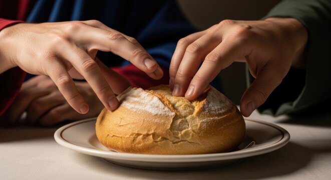 Eucharistic loaf touch: Last Supper, holy communion, divine blessing, break bread, share food, Christian sacrament, devout hand, sacred meal, biblical event, solemn gesture.