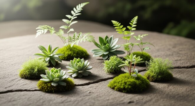 Mini succulent plants and moss on a stone ground.