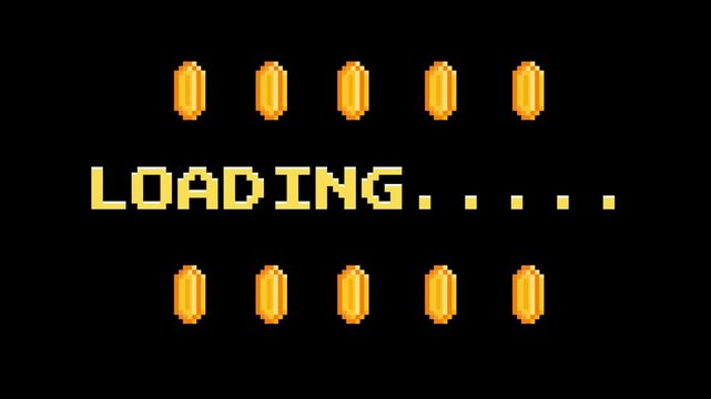 Retro pixelated loading screen with gold coins and text indicating a game is loading, evoking nostalgia for classic video games