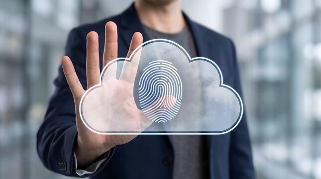 Man s hand touching a digital cloud interface with fingerprint scan for biometric security and cloud computing access