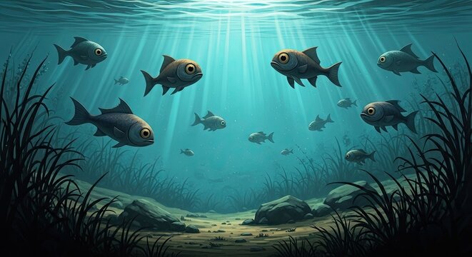 School of fish swimming in deep blue underwater habitat.