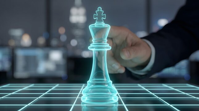 A businessman reaching for a glowing blue digital chess king piece on a grid.