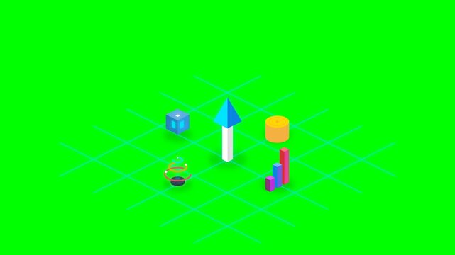 This premium seamless loop animation illustrates a modern financial planning concept using precise isometric graphics. 