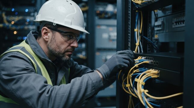 Utility engineer in a hardhat inspecting a firewall appliance in an industrial control room with cables and breaker switches.