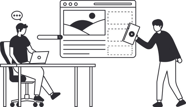 Web development team building website with UI UX design. Digital marketing project management and content creation. Teamwork collaboration for online business and seo optimization.