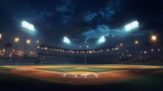 A nighttime baseball stadium, gleaming under bright lights, buzzes with excitement before the game.  It's a perfect sports background for ads.