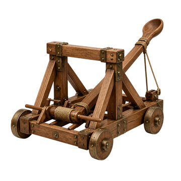 Wooden medieval catapult with brass metal reinforcements isolated on transparent background PNG element