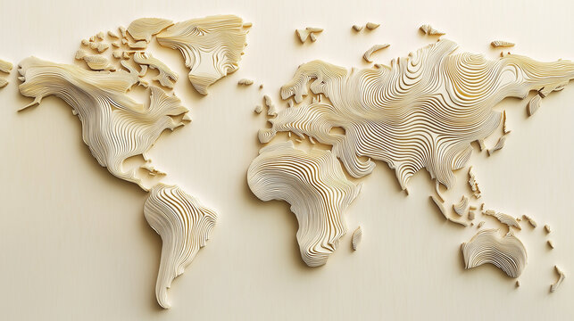 부드러운 클레이 텍스처의 미니멀 샌드 3D 세계지도, Soft beige clay texture minimalist sand 3D world map