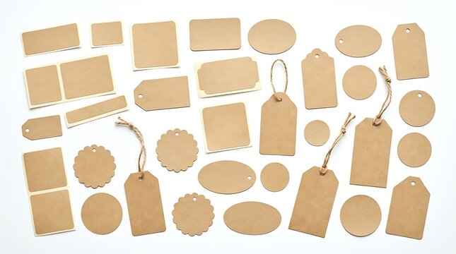 Collection of blank brown kraft paper tags in various shapes and sizes on white background.