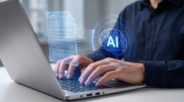 Person using laptop with holographic interface showing AI brain and document illustrating artificial intelligence and digital data processing