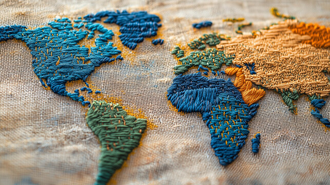 따뜻한 직물 니트 텍스처의 아티스틱 3D 세계지도, Warm woven fabric knit texture artistic 3D world map