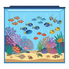 Fototapeta premium Vibrant Tropical Fish Tank Illustration with Coral Reef and Marine Creatures