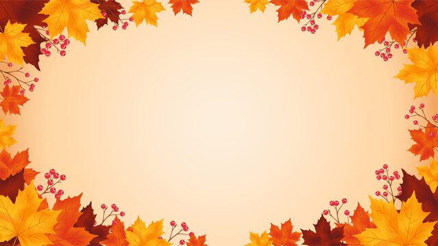 Autumn fall foliage frame with colorful maple leaves and red berries surrounding a warm cream background, elegant seasonal border with spacious copy space for Thanksgiving, harvest, holiday, banner