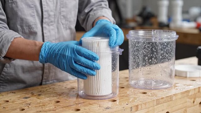Man in blue gloves inserting white water filter cartridge into transparent plastic housing. Water filtration system maintenance and installation at workbench.