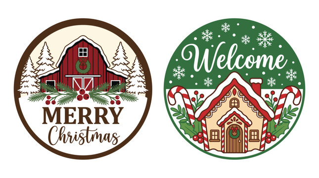 A festive set of round christmas door hanger designs featuring a rustic barn and a cozy winter cabin holiday ornament style