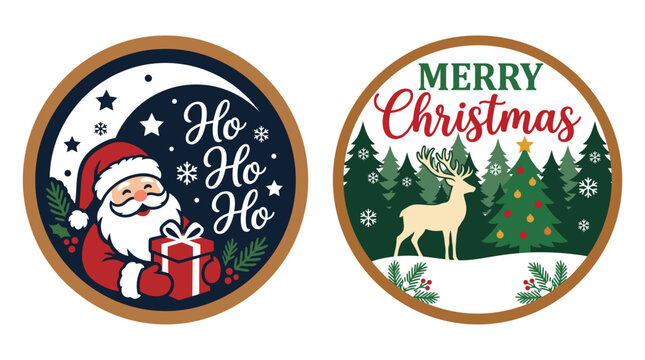 Two round wooden christmas door hanger signs featuring a santa claus illustration and a festive reindeer forest ornament design element