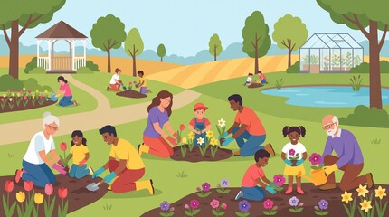 Fototapeta premium Diverse families and friends enjoying gardening together in a park setting.