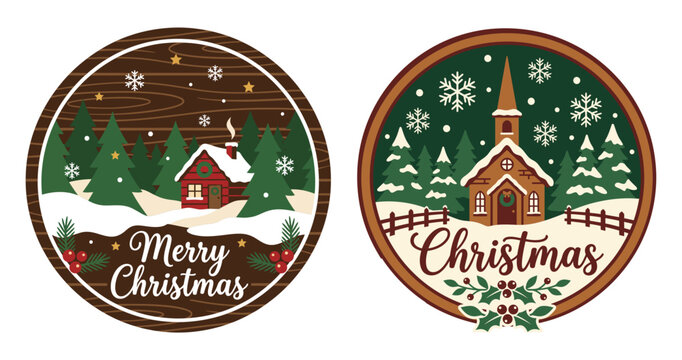 Two round wooden christmas door hanger ornament designs featuring festive winter scenes with snowy houses and trees for holiday home decoration