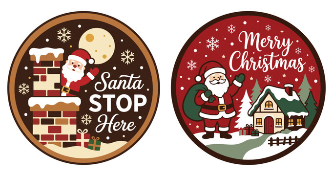 Two round decorative christmas door hanger signs featuring santa claus and festive holiday scenery as a beautiful seasonal wall hanging ornament