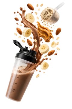 Chocolate Protein Shake with Floating Banana, Peanut Butter, Almonds and Oats