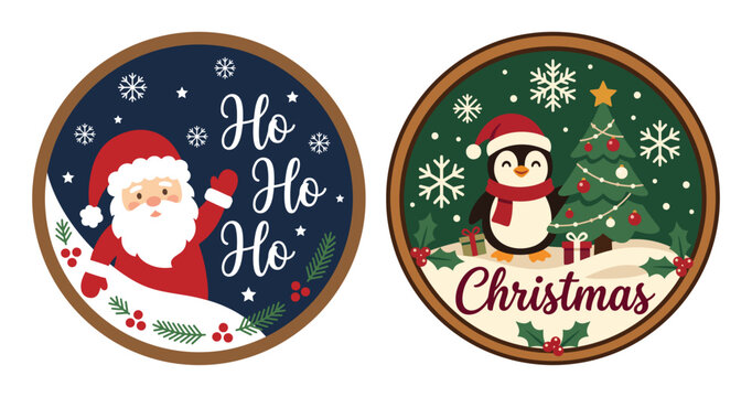 Two festive round signs featuring a christmas door hanger ornament design with santa claus and a cute penguin for holiday decor