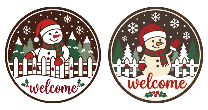 Two round christmas door hanger designs featuring a cute snowman ornament illustration with welcome text for festive holiday home decor