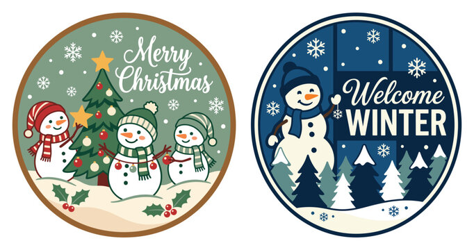 Two festive round christmas door hanger designs featuring cute snowmen and winter scenes as a beautiful holiday home decor ornament set