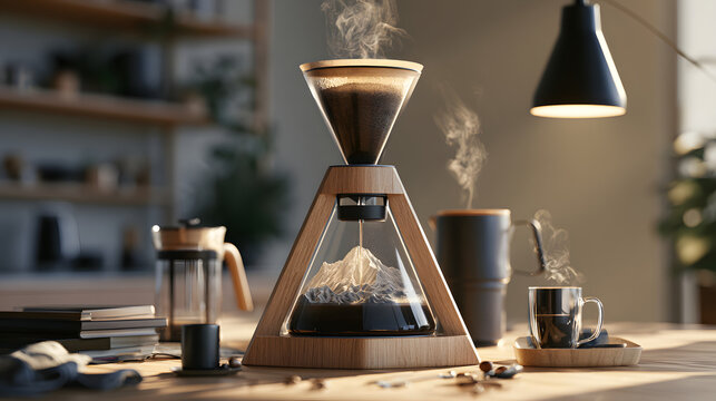 A unique wooden pourover coffee maker with a mountainshaped glass carafe inside, brewing fresh coffee in a cozy, warmlit kitchen setting with steam rising from the filter and mug