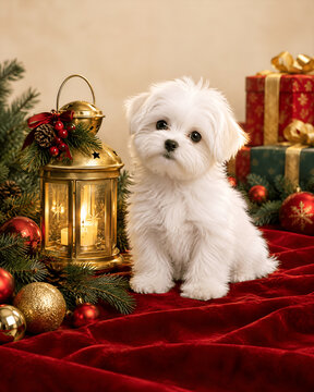 Little white puppy sitting gracefully in front of warm Christmas lantern and red gift boxes, perfect vertical holiday background for iphone wallpaper
