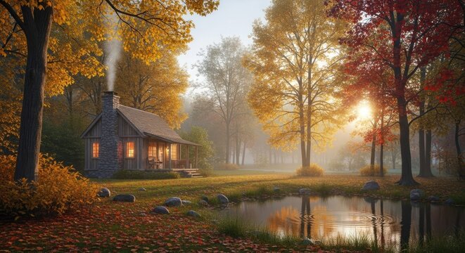 Wooden cabin in autumn forest at sunrise by pond