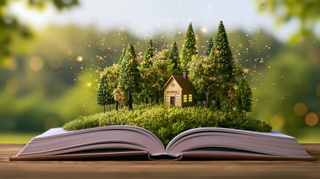 Magical School House Growing From Open Book in Green Forest