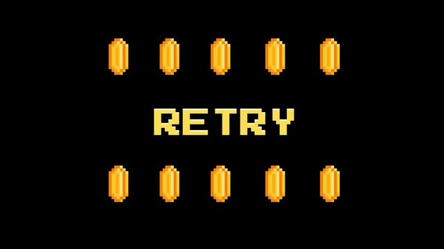 Retro pixel art game over screen with 'Retry' text and gold coins, evoking classic arcade experiences and digital entertainment