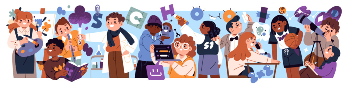 School education banner. Back to school concept banner. Children with books study in class. Cute kids are learning, drawing and writing. Background with students at the lessons. Knowledge Day