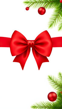 A large red ribbon bow in the centre of a straight piece of ribbon to be used as a birthday or Christmas banner, border isolated against a transparent background, Dreamy. White tone
