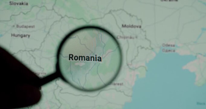 Magnifying glass discovering Romania on a digital map, highlighting the country's location and borders in eastern Europe for travel planning, education, and geopolitical analysis concepts