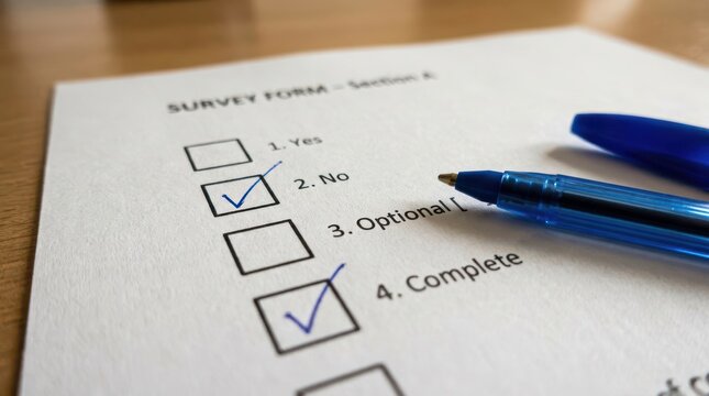 Completed survey form with checked boxes and blue pens